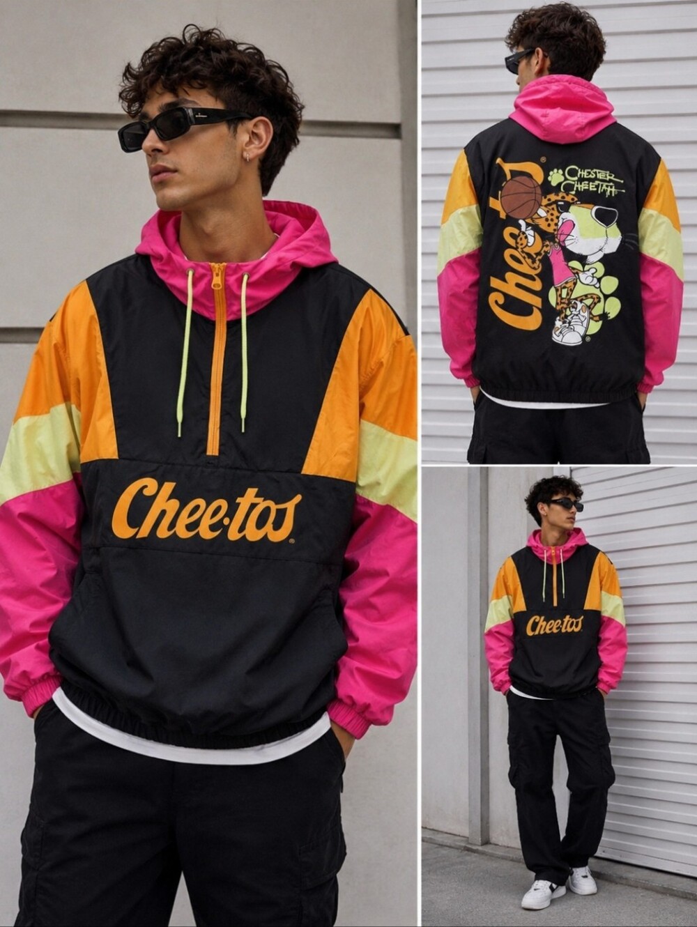 Cheetos Colorblock Windbreaker Jacket - Black, Pink & Yellow Streetwear Size XL